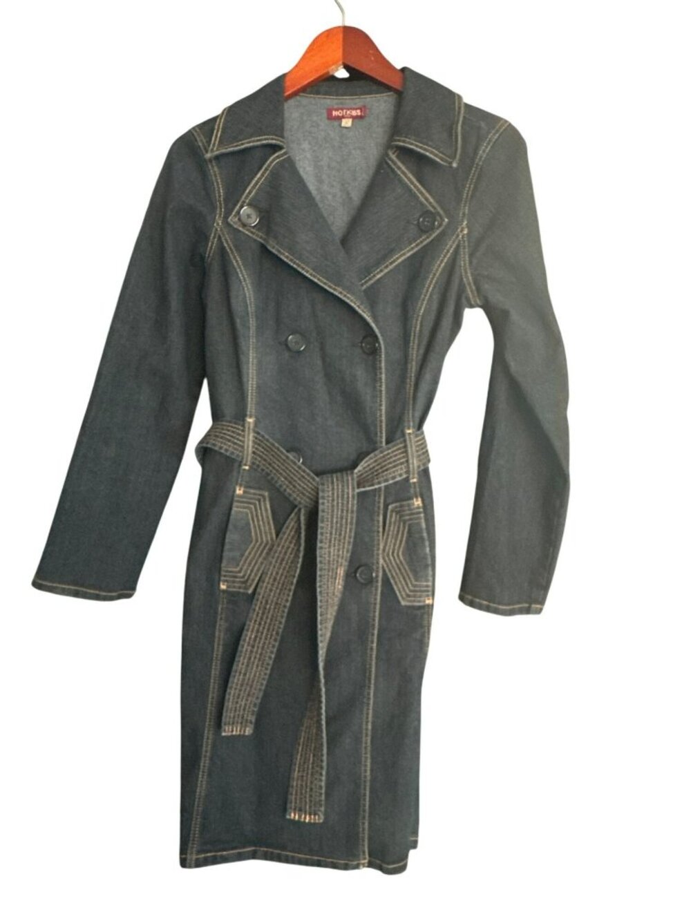 Vintage Hot Kiss Denim Trench Coat Large 90s Y2K Dark Wash Contrast Belted